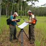 **Field Survey Techniques**: Create an illustration depicting a biodiversity field survey. Include researchers using animal traps, light traps, and automatic cameras in a lush conservation area. Show them documenting species presence and distribution, emphasizing the importance of careful note-taking during the survey.