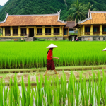 **

Prompt: "A vibrant Vietnamese ecotourism scene: Local villagers guiding tourists through lush rice paddies, showcasing traditional crafts, with a school building in the background symbolizing community development funded by tourism revenue. Happy faces, sustainable tourism, community empowerment, environmental protection, Vietnamese countryside, bright colors, sunny day."

**