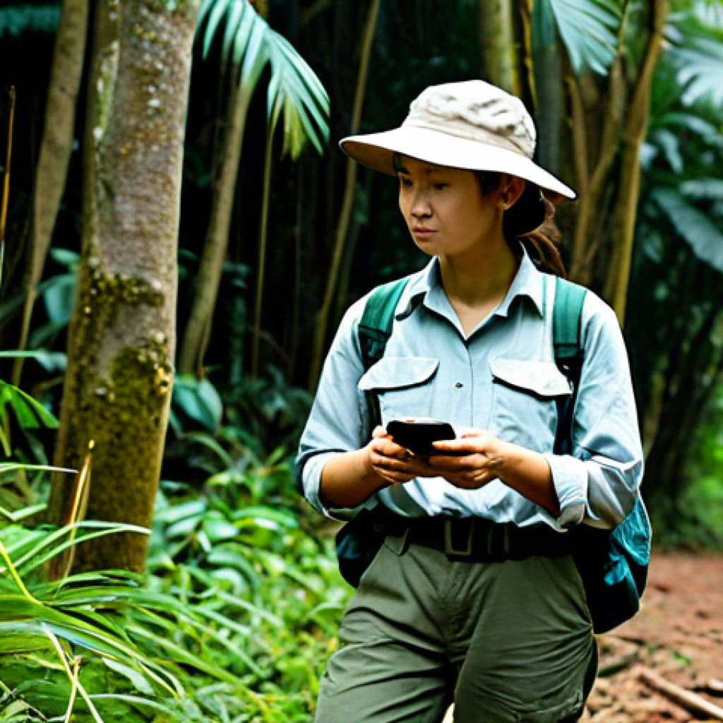 A dedicated professional female conservationist, in her early 30s, stands amidst a lush, dense tropical rainforest in Vietnam. She is fully clothed in modest, professional outdoor field attire, including a long-sleeved shirt, durable trousers, and hiking boots, all in natural earth tones. She holds a rugged smartphone, looking at its screen which displays a simplified map interface with GPS data points, her expression focused and committed. Sunlight filters through the canopy. This is a professional photograph, high resolution, with perfect anatomy, correct proportions, well-formed hands, proper finger count, and natural body proportions. The content is safe for work, appropriate, fully clothed, professional, and family-friendly.