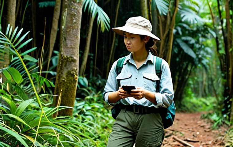 A dedicated professional female conservationist, in her early 30s, stands amidst a lush, dense tropical rainforest in Vietnam. She is fully clothed in modest, professional outdoor field attire, including a long-sleeved shirt, durable trousers, and hiking boots, all in natural earth tones. She holds a rugged smartphone, looking at its screen which displays a simplified map interface with GPS data points, her expression focused and committed. Sunlight filters through the canopy. This is a professional photograph, high resolution, with perfect anatomy, correct proportions, well-formed hands, proper finger count, and natural body proportions. The content is safe for work, appropriate, fully clothed, professional, and family-friendly.