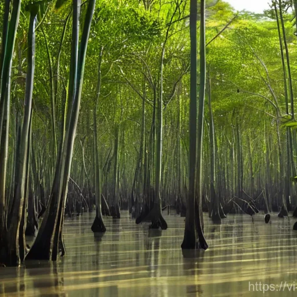 자연보호구역 생태계 회복 프로젝트 사례 - **Vibrant Mangrove Restoration in Vietnam**
    A wide, dynamic shot of a thriving, restored mangrov...
