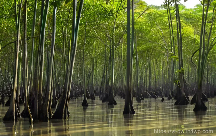 자연보호구역 생태계 회복 프로젝트 사례 - **Vibrant Mangrove Restoration in Vietnam**
    A wide, dynamic shot of a thriving, restored mangrov...