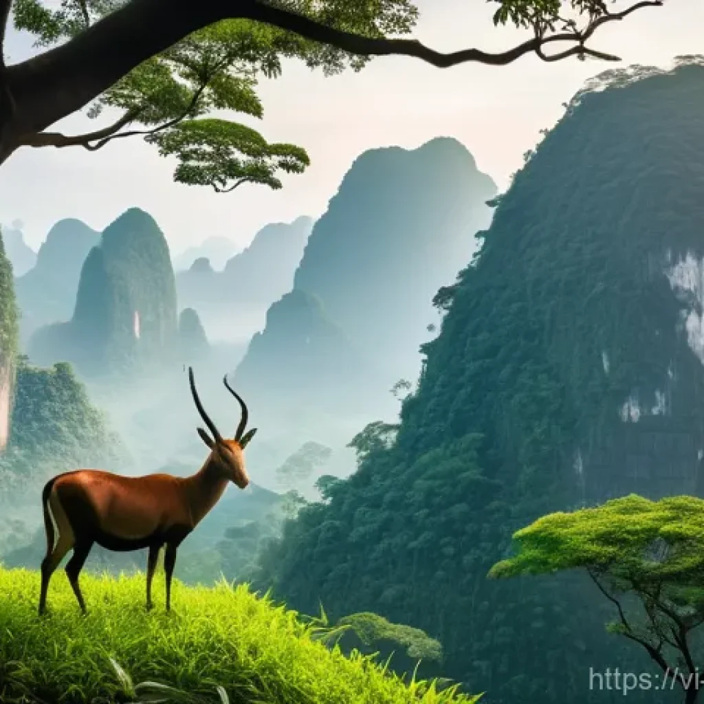 자연보호구역 내 생물종 보호를 위한 프로젝트 - **Prompt:** A breathtaking panoramic view of a serene Vietnamese national park, bathed in soft morni...