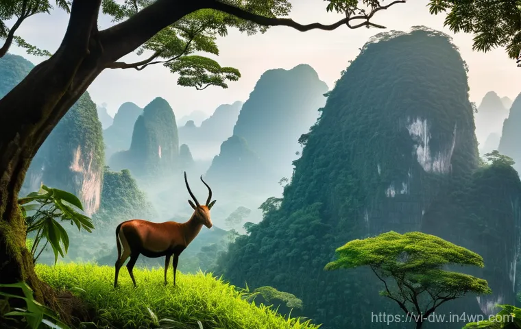 자연보호구역 내 생물종 보호를 위한 프로젝트 - **Prompt:** A breathtaking panoramic view of a serene Vietnamese national park, bathed in soft morni...