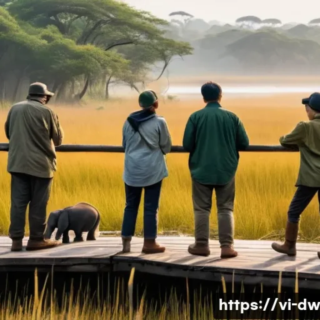 자연보호구역 모니터링을 위한 국제적 협약 - **International Cooperation for Wildlife Protection:**
    A vibrant, cinematic shot of a diverse gr...