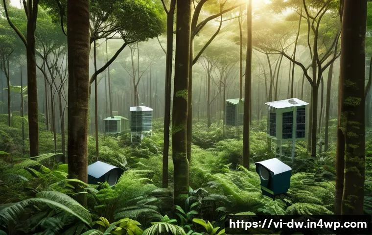 자연보호구역 모니터링과 데이터 공유 플랫폼 - A detailed scene of a Vietnamese tropical forest reserve equipped with modern environmental sensors ...