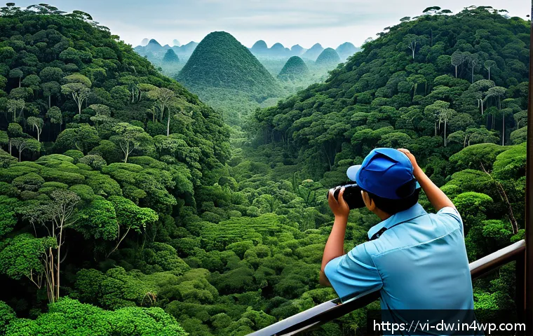 자연보호구역 모니터링과 주민 참여의 중요성 - A high-tech wildlife conservation scene in a Vietnamese nature reserve featuring modern surveillance...
