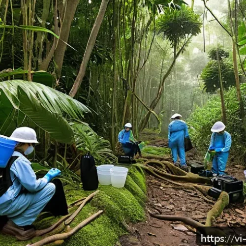Home 32 자연보호구역 생물 다양성 조사 방법 - A detailed scene of a Vietnamese tropical rainforest research site at Cuc Phuong National Park, feat...
