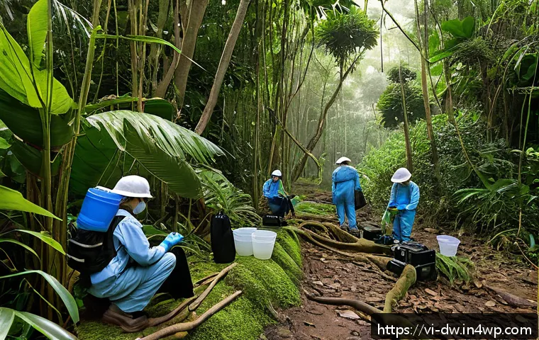 자연보호구역 생물 다양성 조사 방법 - A detailed scene of a Vietnamese tropical rainforest research site at Cuc Phuong National Park, feat...