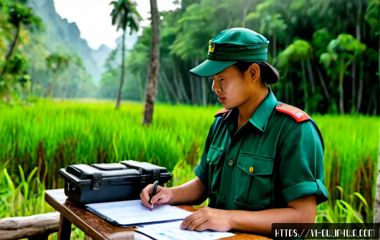 자연보호구역 모니터링을 위한 문서 작성법 - Photorealistic Vietnamese forest ranger at a simple wooden field desk inside a protected tropical na...