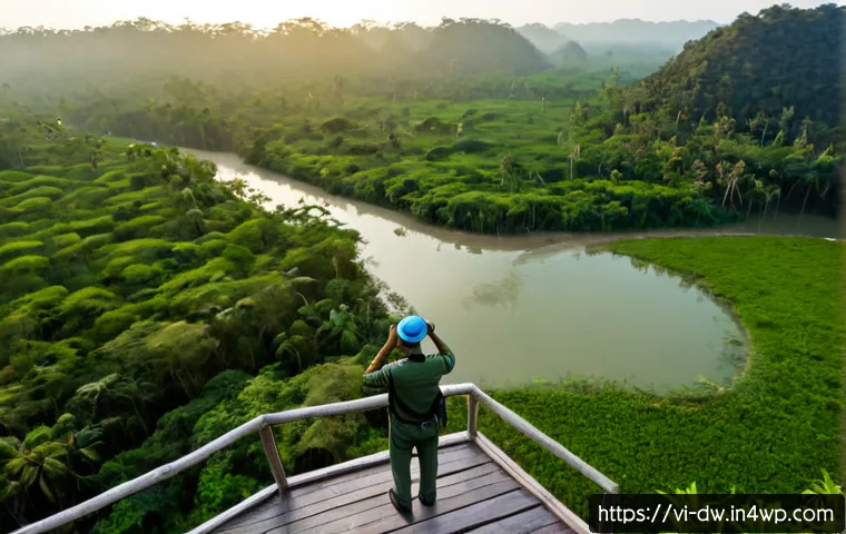 Home 17 자연보호구역의 지속 가능성 평가 모델 - Photorealistic aerial view of a lush protected tropical forest in Vietnam beside a winding river and...